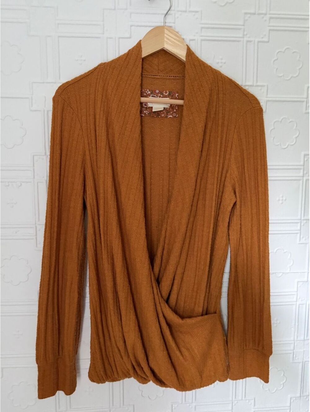 Maeve by Anthropologie Rafela Hacci Surplice Wrap Top Mustard Camel Medium